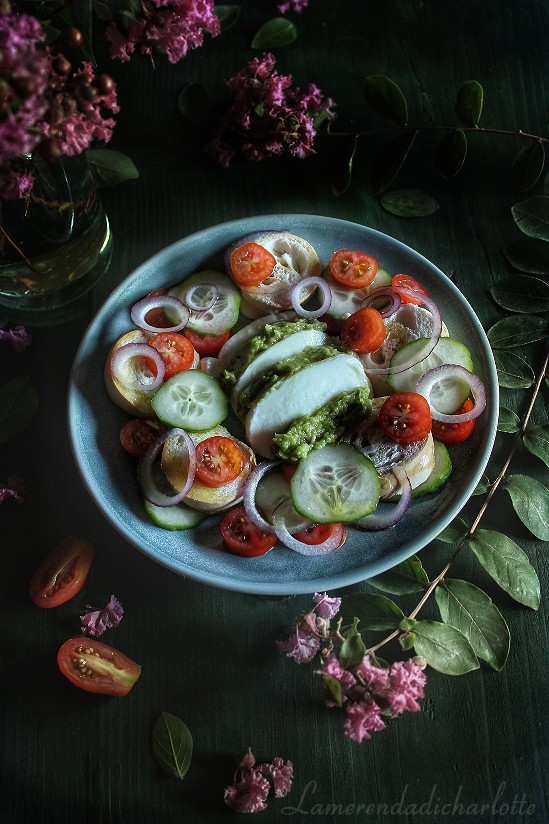 panzanella con mozzarella e salsa di avocado